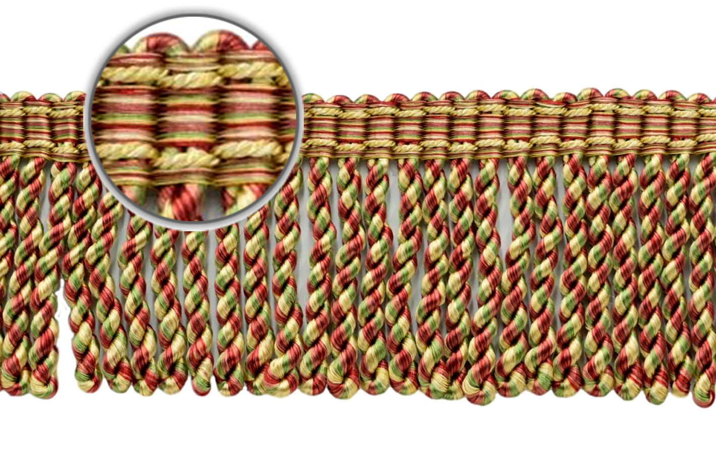 DÉCOPRO 3" (7.5cm) Bullion Fringe Trim with Fancy Woven Gimp Header # BFMLT3WVN, Chili Pepper Gold #PRA2B (Light Gold, Light Red, Olive Green) | Sold By The Yard (36"/3 ft/0.9m) - DecoPro