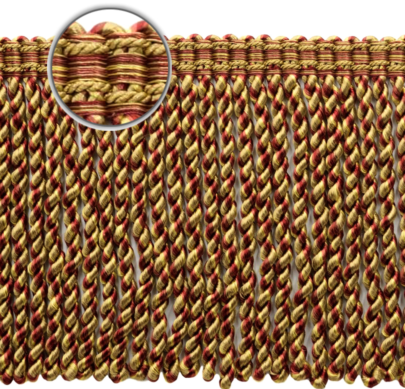 DÉCOPRO 6" (15cm) Decorative Bullion Fringe Trim with Fancy Woven Gimp Header # BFMLT6WVN, Bistro Beige #PR02 (Golden Beige, Wine Red, Yellow Gold) | Sold By The Yard (36"/3 ft/0.9m) - DecoPro