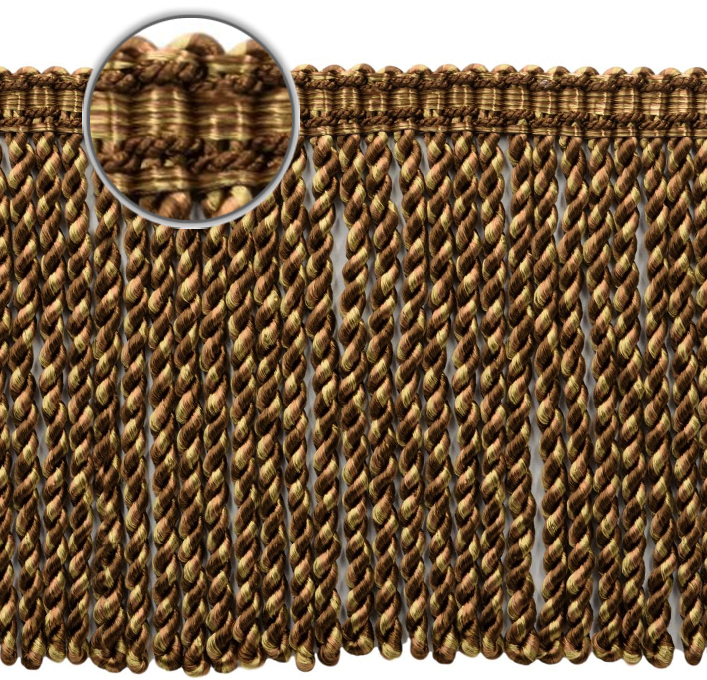 DÉCOPRO 6" (15cm) Decorative Bullion Fringe Trim with Fancy Woven Gimp Header # BFMLT6WVN, Blonde Brown #PR03 (Chocolate Brown, Golden Beige) | Sold By The Yard (36"/3 ft/0.9m) - DecoPro
