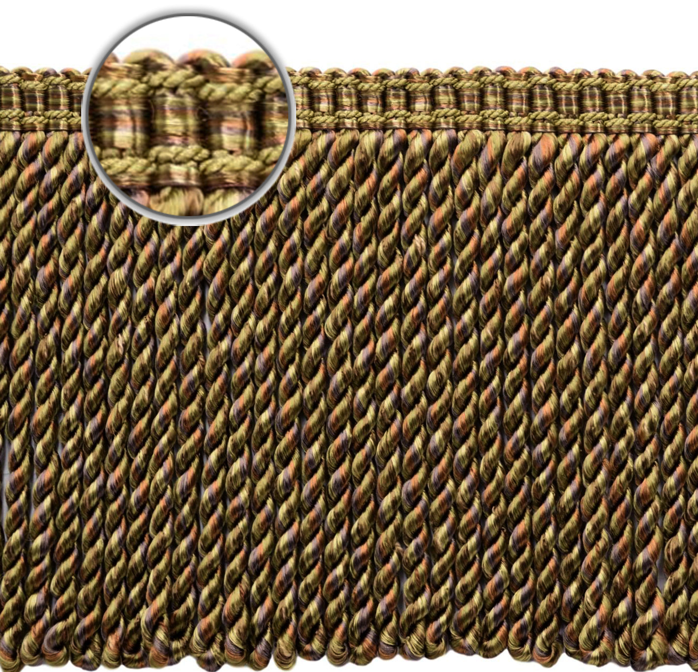 DÉCOPRO 6" (15cm) Decorative Bullion Fringe Trim with Fancy Woven Gimp Header # BFMLT6WVN, Hazel Brown #PR08 (Mocha Brown, Warm Brown, Olive Beige) | Sold By The Yard (36"/3 ft/0.9m) - DecoPro
