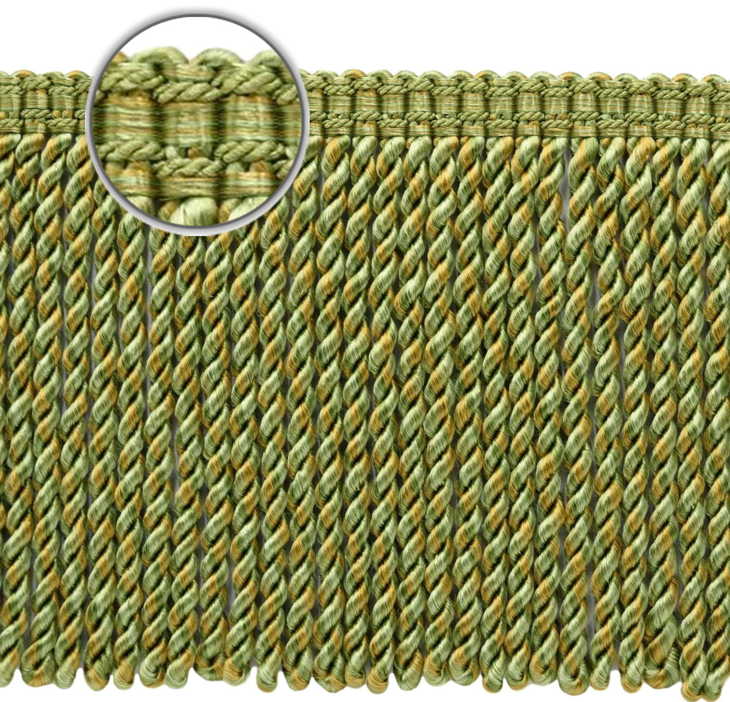 DÉCOPRO 6" (15cm) Decorative Bullion Fringe Trim with Fancy Woven Gimp Header # BFMLT6WVN, Lemongrass Green #PR12 (Light Green, Yellow Green, Yellow Gold) | 5 Yards (15 ft/4.5m) - DecoPro