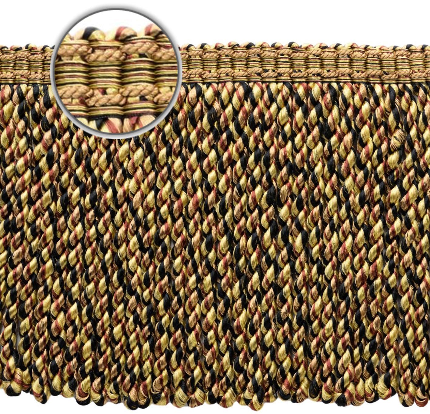 DÉCOPRO 6" (15cm) Decorative Bullion Fringe Trim with Fancy Woven Gimp Header # BFMLT6WVN, Biscotti Beige #PR16 (Dark Beige, Dark Red, Pure Black) | Sold By The Yard (36"/3 ft/0.9m) - DecoPro