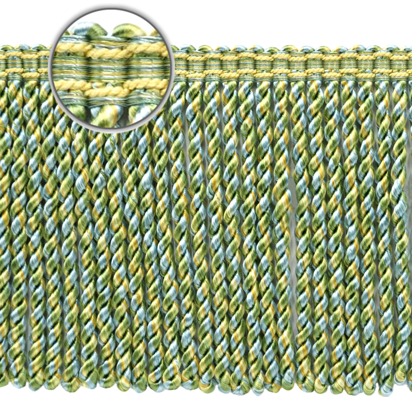 DÉCOPRO 6" (15cm) Decorative Bullion Fringe Trim with Fancy Woven Gimp Header # BFMLT6WVN, Summer Green #PR17 (Light Green, Sky Blue, Yellow Gold) | Sold By The Yard (36"/3 ft/0.9m) - DecoPro