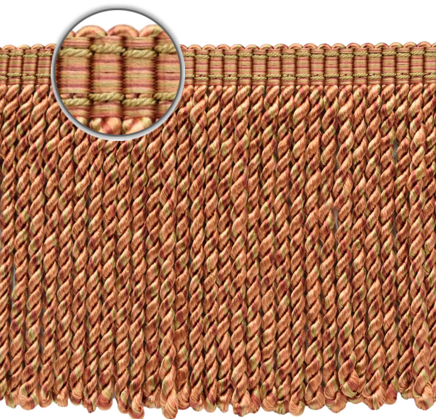 DÉCOPRO 6" (15cm) Decorative Bullion Fringe Trim with Fancy Woven Gimp Header # BFMLT6WVN, Sunstone Orange #PR21 (Brown Orange, Light Red, Light Pink) | Sold By The Yard (36"/3 ft/0.9m) - DecoPro