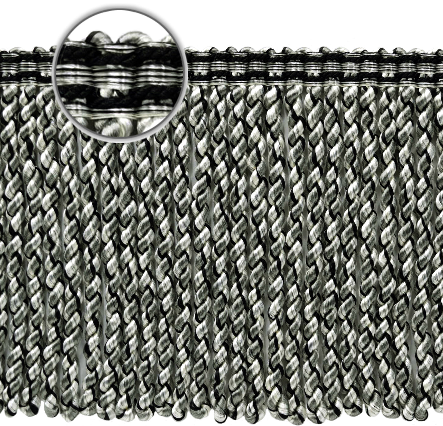 DÉCOPRO 6" (15cm) Decorative Bullion Fringe Trim with Fancy Woven Gimp Header # BFMLT6WVN, Silver Grey Black #PR23 (Pure Black, Light Grey, Grey Silver) | Sold By The Yard (36"/3 ft/0.9m) - DecoPro