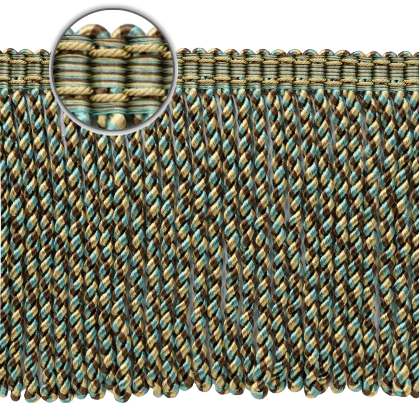 DÉCOPRO 6" (15cm) Decorative Bullion Fringe Trim with Fancy Woven Gimp Header # BFMLT6WVN, Topaz Beige #PR24 (Gold Beige, Chocolate Brown, Sky Blue) | 18 Yards (54 ft/16.5m) - DecoPro