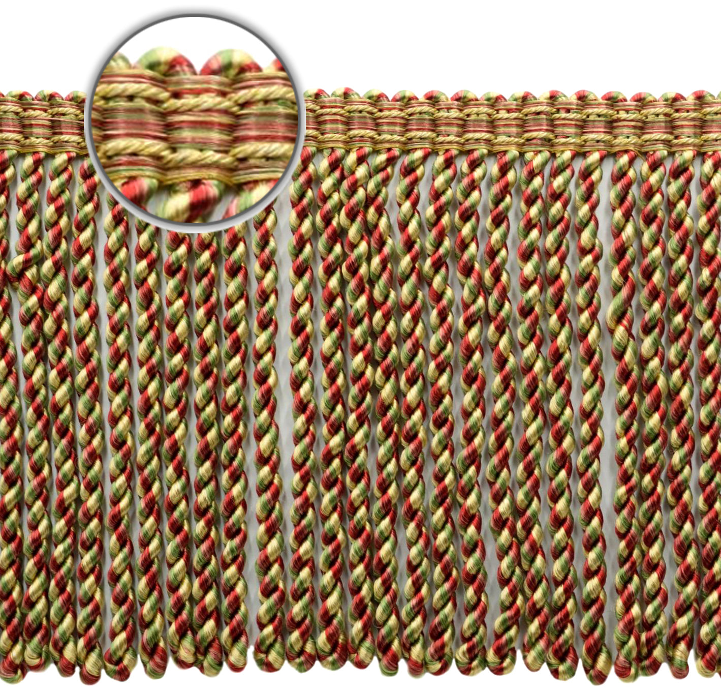 DÉCOPRO 6" (15cm) Decorative Bullion Fringe Trim with Fancy Woven Gimp Header # BFMLT6WVN, Chili Pepper Gold #PRA2B (Light Gold, Light Red, Olive Green) | Sold By The Yard (36"/3 ft/0.9m) - DecoPro