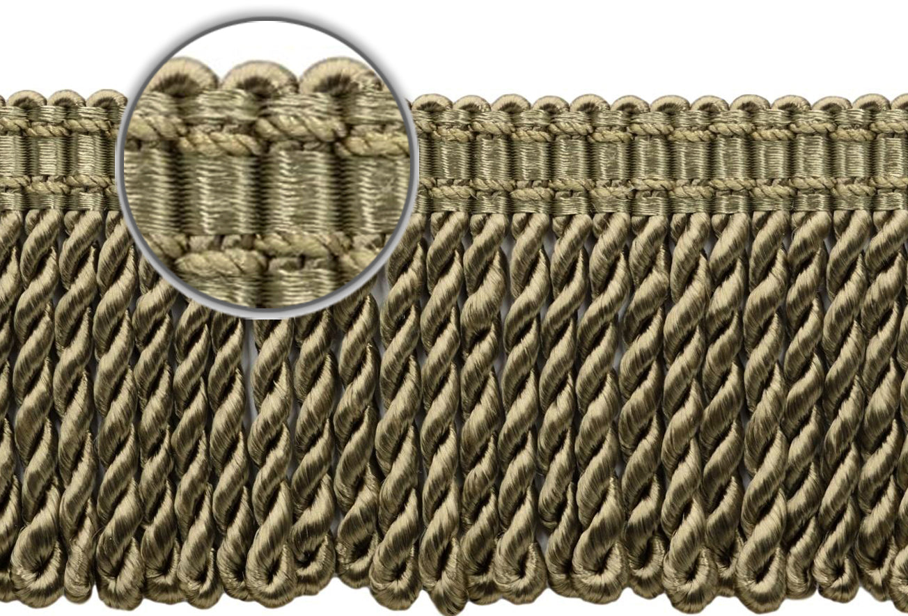 DÉCOPRO 3" (7.5cm) Fancy Solid Woven Gimp Header Satiny Bullion Fringe Trim # BFS3WVN, Dark Khaki Green #L80 (Dark Khaki Beige Green) | Sold By The Yard (36"/3 ft/0.9m) - DecoPro