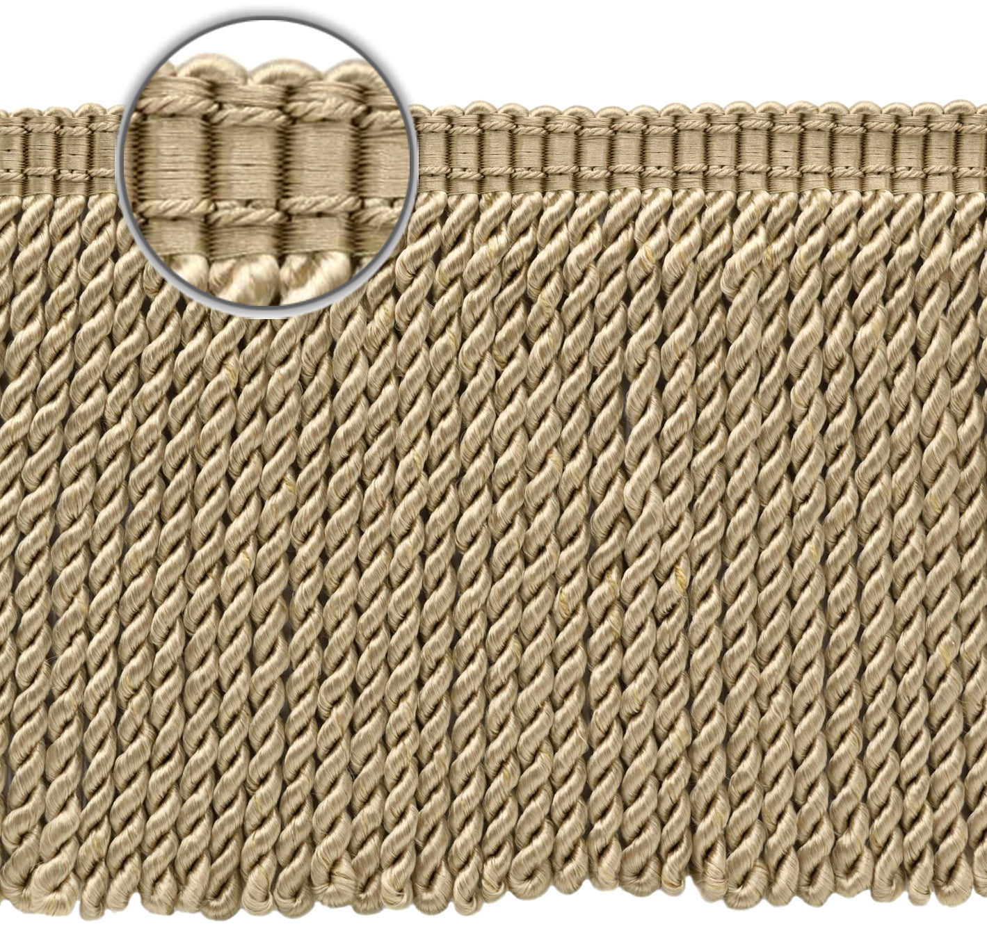 DÉCOPRO 6" (15cm) Decorative Bullion Fringe Trim with Fancy Woven Gimp Header # BFS6WVN, Sandstone Beige #A10 (Light Tan Beige) | Sold By The Yard (36"/3 ft/0.9m) - DecoPro