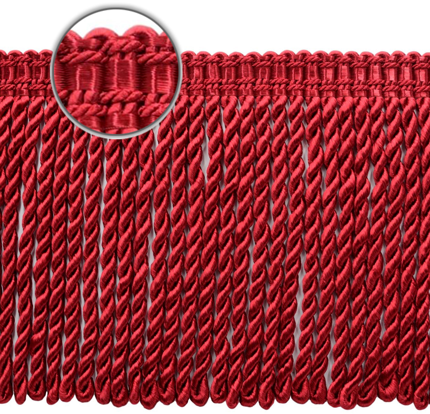 DÉCOPRO 6" (15cm) Decorative Bullion Fringe Trim with Fancy Woven Gimp Header # BFS6WVN, Cherry Red #E13 (Dark Crimson Red) | Sold By The Yard (36"/3 ft/0.9m) - DecoPro