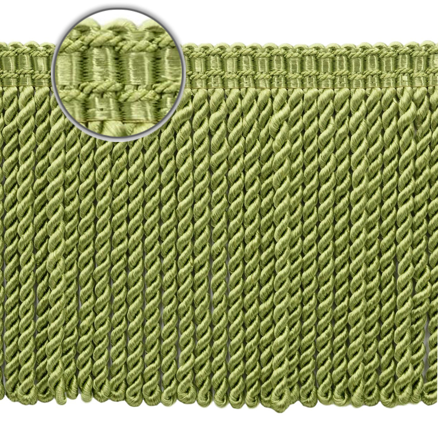 DÉCOPRO 6" (15cm) Decorative Bullion Fringe Trim with Fancy Woven Gimp Header # BFS6WVN, Dark Sage Green #L26 (Dark Sage Green) | 5 Yards (15 ft/4.5m) - DecoPro