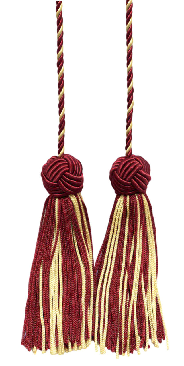 DÉCOPRO Turkish Head Double Tassel Curtain and Drapery Tieback / Holdback, 3 3/4" (9.5cm), 27" (68.5cm) # BHCT, White Gold Red #572 (Burgundy Red, Wine Red, White Gold) | Set of 2 - DecoPro