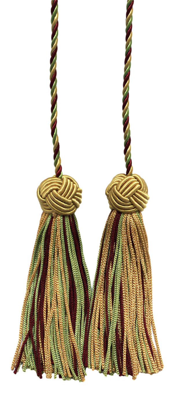 DÉCOPRO Turkish Head Double Tassel Curtain and Drapery Tieback / Holdback, 3 3/4" (9.5cm), 27" (68.5cm) # BHCT, Burgundy Beige #873 (Light Beige, Light Gold, Dark Red) | Set of 2 - DecoPro