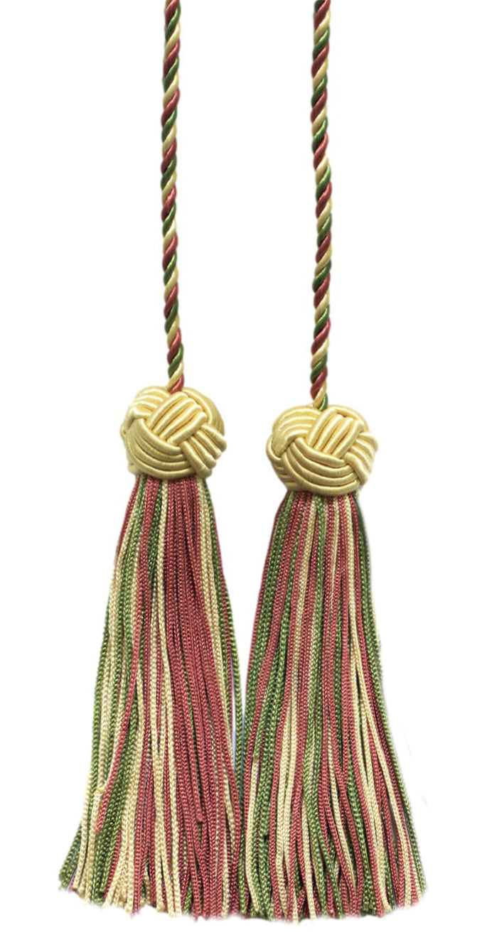 DÉCOPRO Turkish Head Double Tassel Curtain and Drapery Tieback / Holdback, 3 3/4" (9.5cm), 27" (68.5cm) # BHCT, Watermelon Pink #9401 (Red Pink, White Gold, Olive Green) | Set of 2 - DecoPro