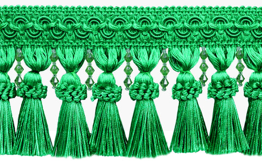 DÉCOPRO 4" (10cm) Elegant Beaded Tassel Fringe with Fancy Gimp Header | Fringe Trim # BTFCT4, Jade Green #203720 | Sold By The Yard (36"/3 ft/0.9m) - DecoPro