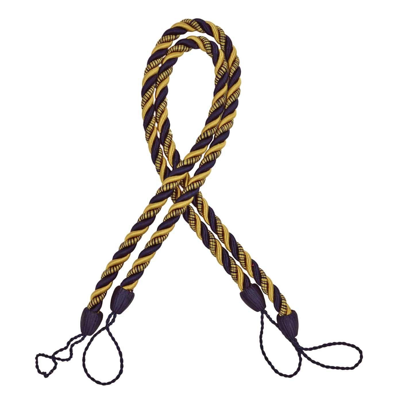 DÉCOPRO Beautifully Handcrafted Curtain and Drapery Decorative Rope Tieback, Spread 26" (66cm), 1/2" (1cm) Thick # CCTB, Nautical Gold #1152 (Light Gold, Yellow Gold, Navy Blue) | 2 Pairs (Set of 4) - DecoPro