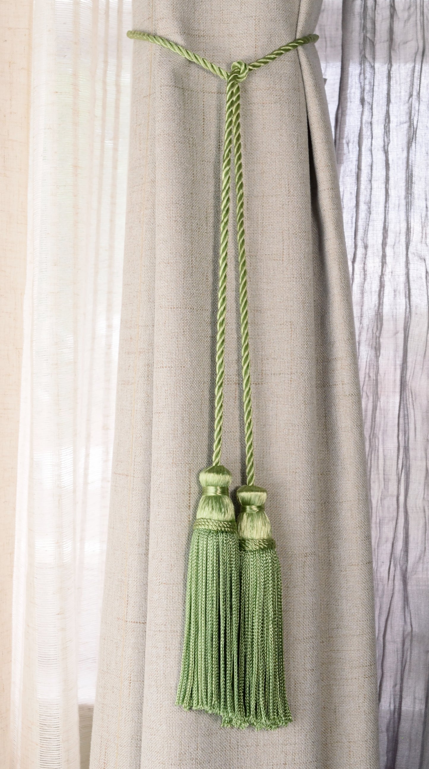 DÉCOPRO Decorative Chainette Double Tassel Curtain and Drapery Tieback / Holdback, 4" (10cm), 29" (73.5cm) # CDCT, Sage Green #29 (Sage Green, Olive Green, Yellow Green) | Set of 4 - DecoPro