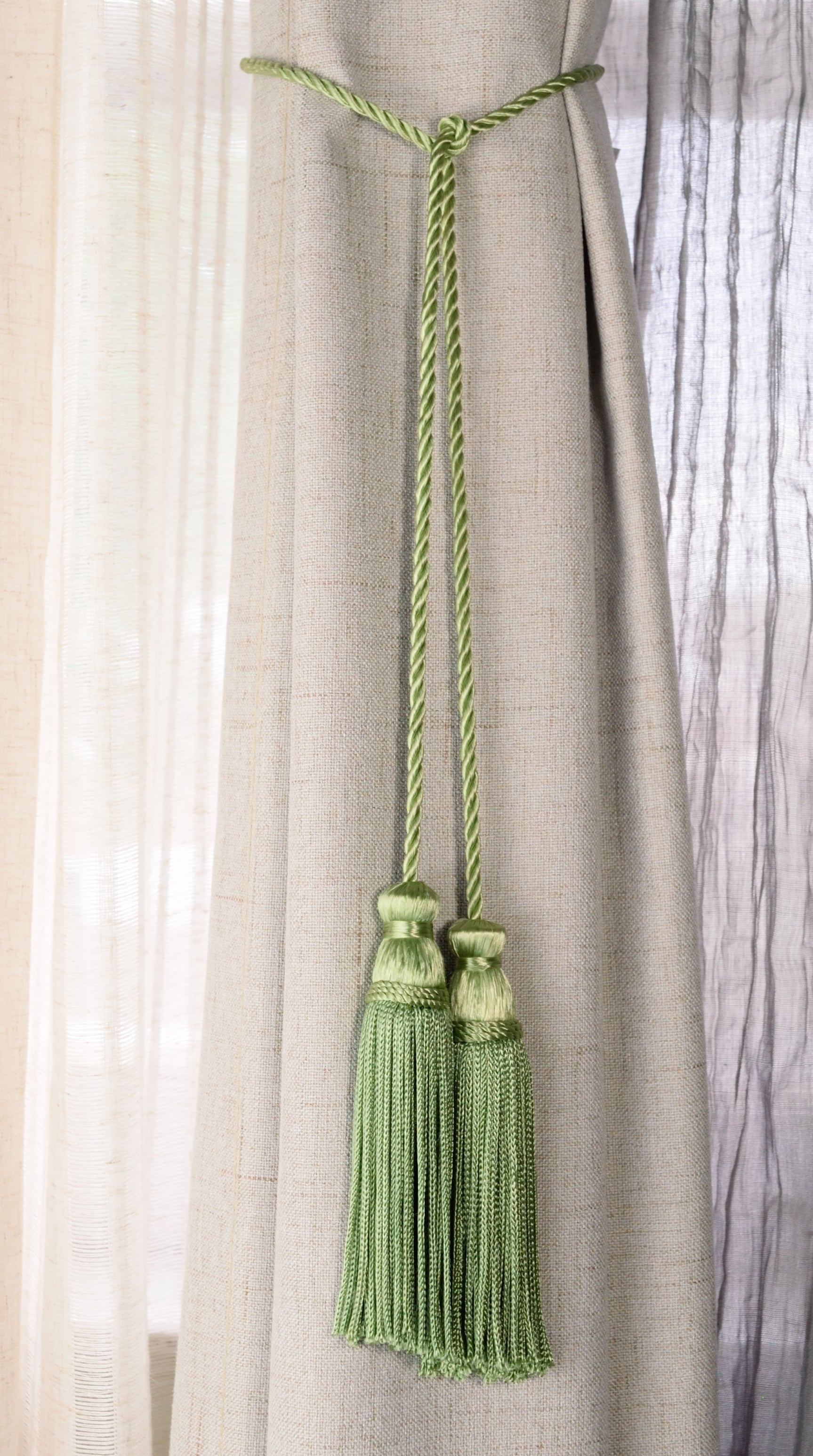 DÉCOPRO Decorative Chainette Double Tassel Curtain and Drapery Tieback / Holdback, 4" (10cm), 29" (73.5cm) # CDCT, Sage Green #29 (Sage Green, Olive Green, Yellow Green) | Set of 4 - DecoPro