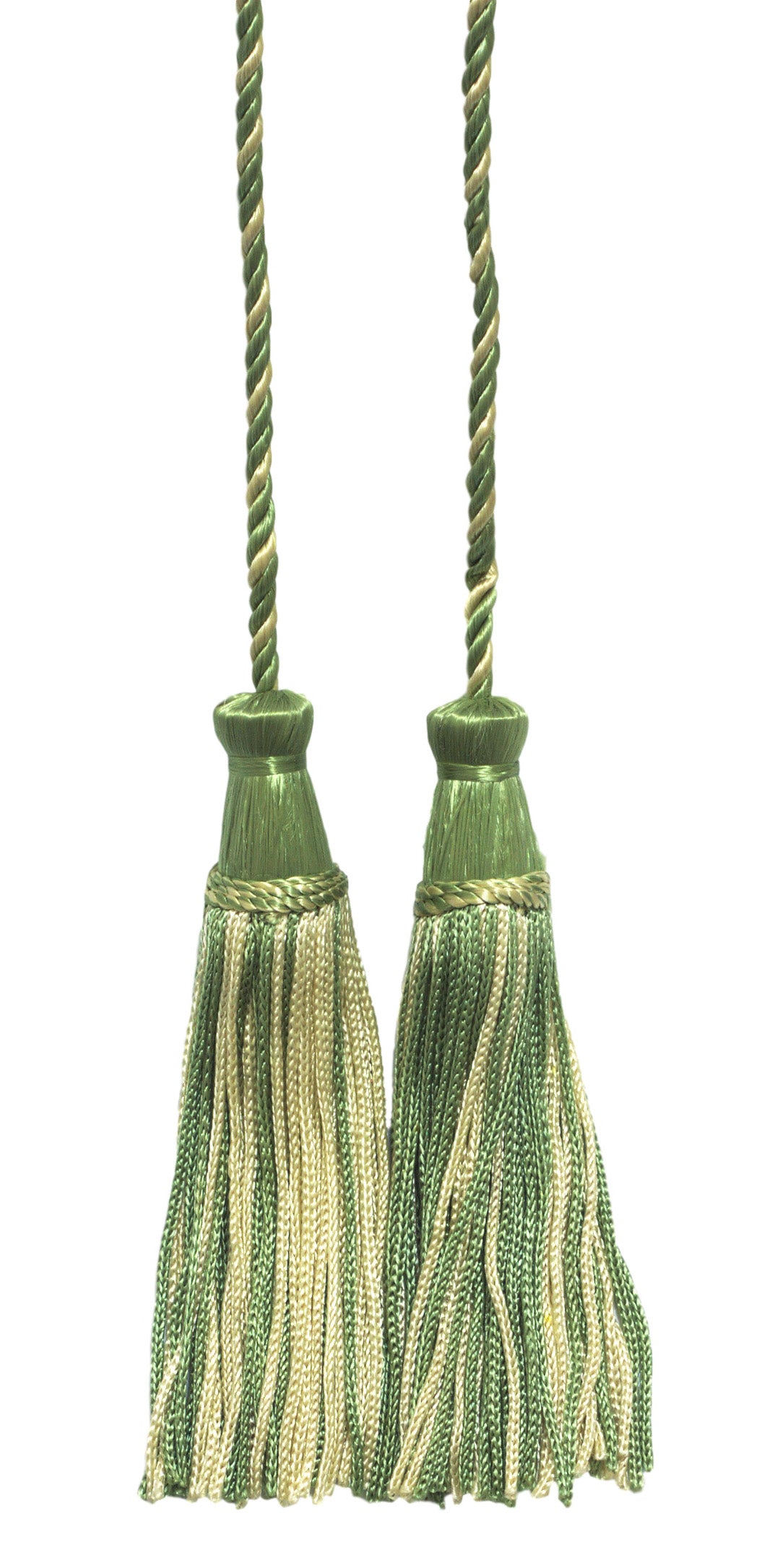 DÉCOPRO Decorative Chainette Double Tassel Curtain and Drapery Tieback / Holdback, 4" (10cm), 29" (73.5cm) # CDCT, White Gold Green #2932 (Olive Green, White Gold, Sage Green) | Set of 4 - DecoPro