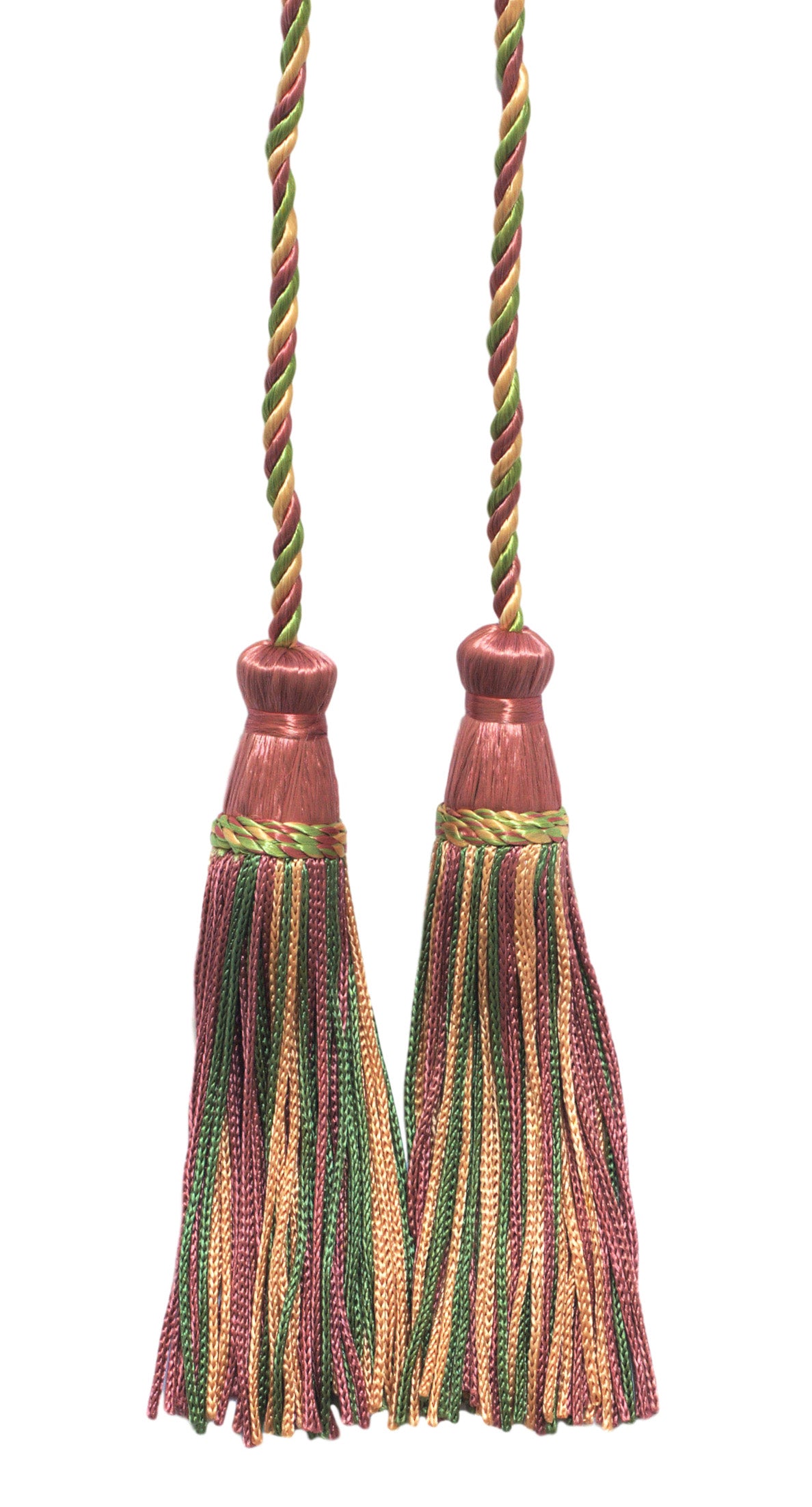 DÉCOPRO Decorative Chainette Double Tassel Curtain and Drapery Tieback / Holdback, 4" (10cm), 29" (73.5cm) # CDCT, Rose Garden Pink #501 (Dark Pink, Forest Green, Orange Gold) | Set of 4 - DecoPro