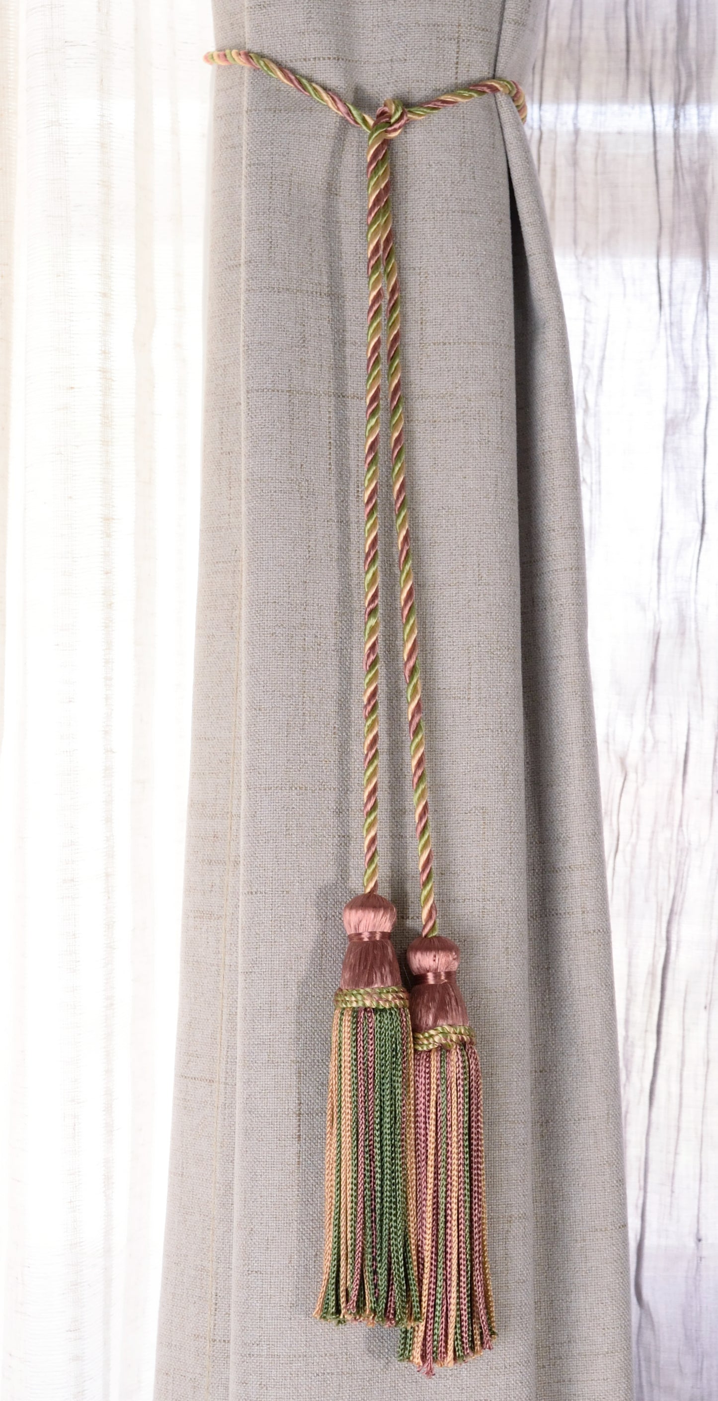 DÉCOPRO Decorative Chainette Double Tassel Curtain and Drapery Tieback / Holdback, 4" (10cm), 29" (73.5cm) # CDCT, Rose Garden Pink #501 (Dark Pink, Forest Green, Orange Gold) | Set of 4 - DecoPro