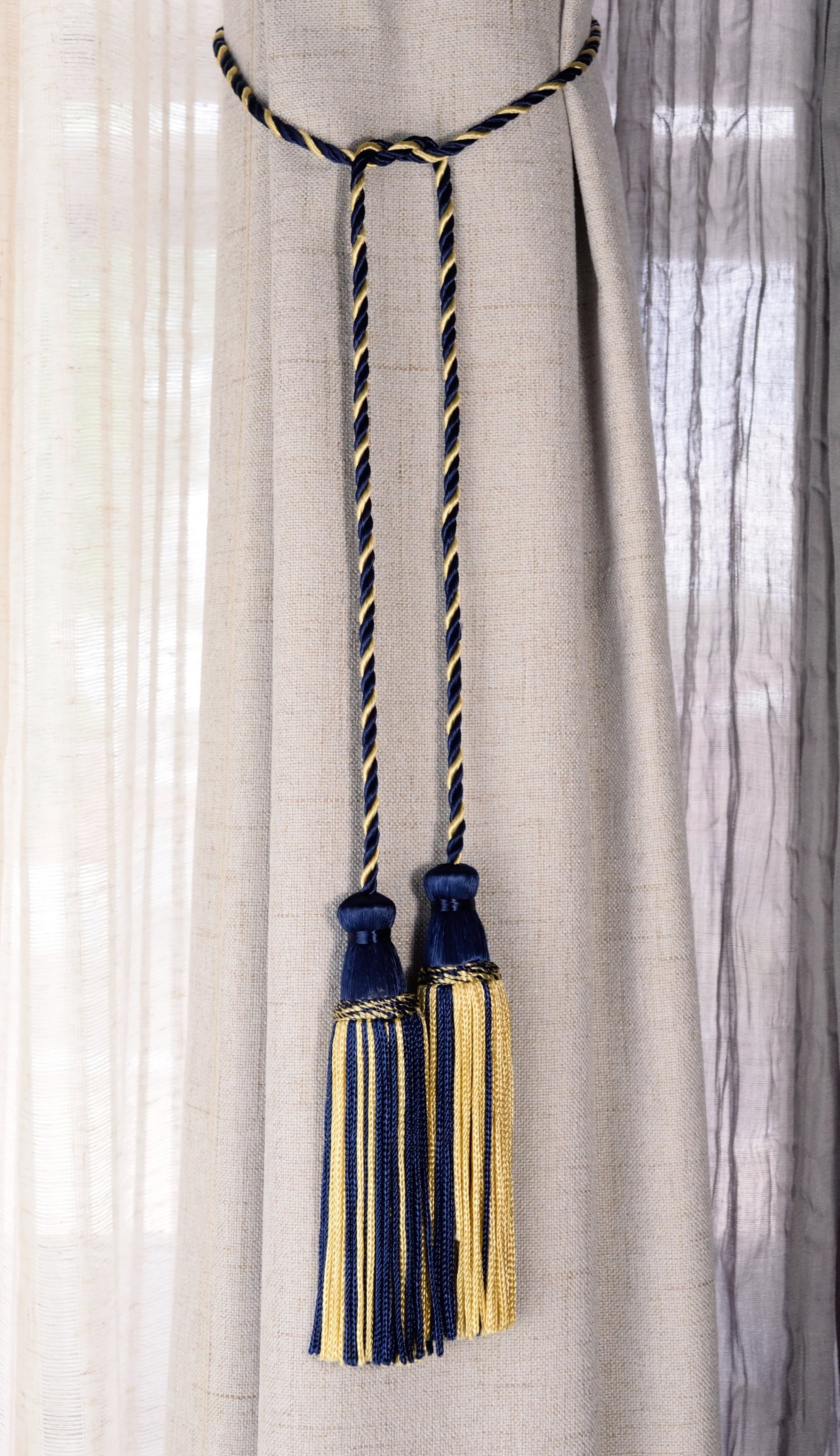 DÉCOPRO Decorative Chainette Double Tassel Curtain and Drapery Tieback / Holdback, 4" (10cm), 29" (73.5cm) # CDCT, Nautical Blue #565 (Navy Blue, Yellow Gold, Midnight Blue) | Set of 4 - DecoPro