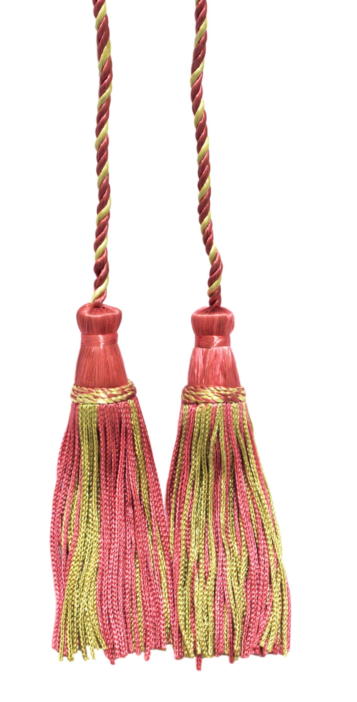 DÉCOPRO Decorative Chainette Double Tassel Curtain and Drapery Tieback / Holdback, 4" (10cm), 29" (73.5cm) # CDCT, Rose Petal Pink #642 (Magenta Pink, Khaki Green, Yellow Gold) | Set of 2 - DecoPro