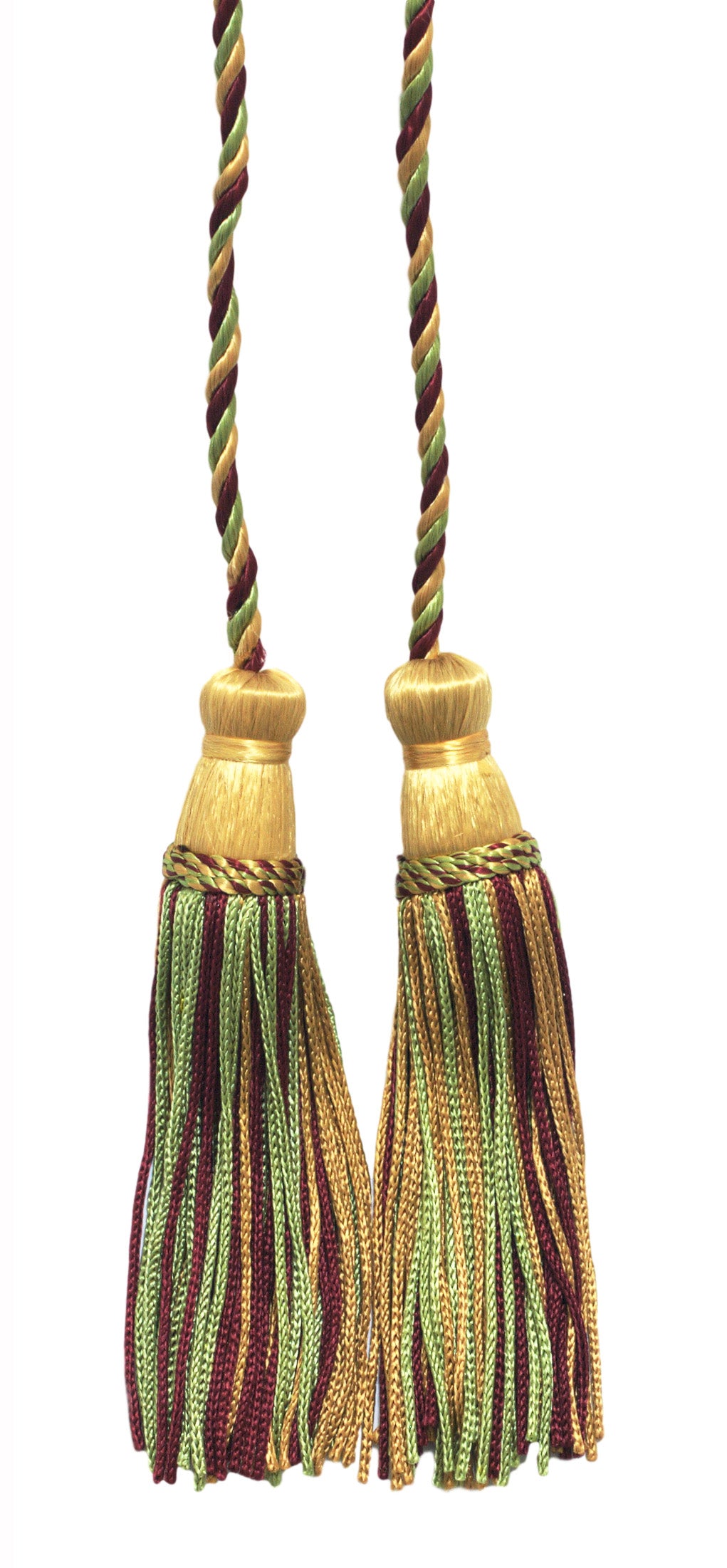 DÉCOPRO Decorative Chainette Double Tassel Curtain and Drapery Tieback / Holdback, 4" (10cm), 29" (73.5cm) # CDCT, Burgundy Beige #873 (Light Beige, Light Gold, Dark Red) | Set of 2 - DecoPro