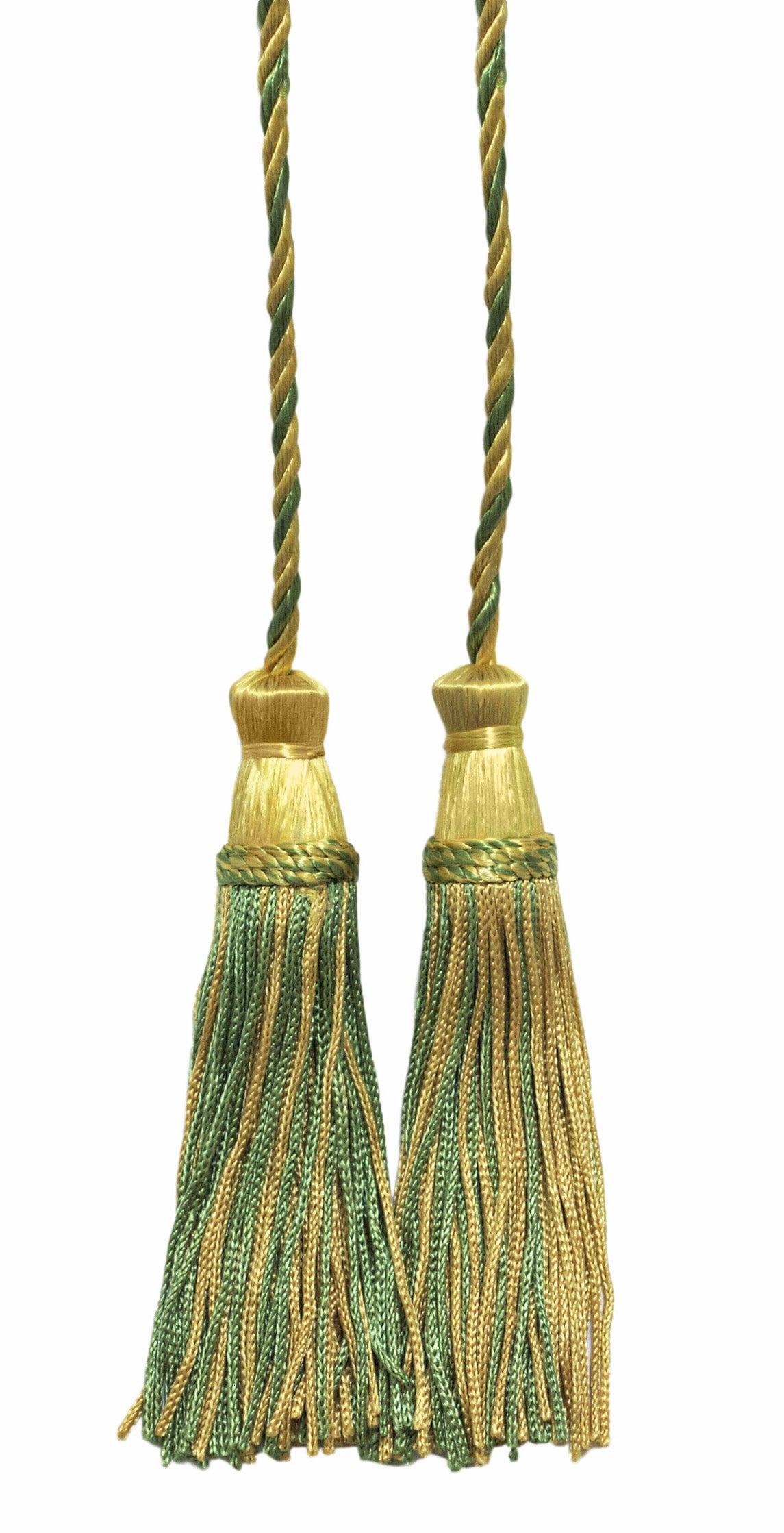 DÉCOPRO Decorative Chainette Double Tassel Curtain and Drapery Tieback / Holdback, 4" (10cm), 29" (73.5cm) # CDCT, Sunflower Gold #8963 (Yellow Gold, Sage Green, Light Gold) | Set of 4 - DecoPro