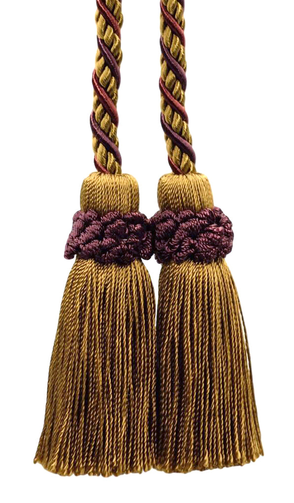 DÉCOPRO Alexander Collection Decorative Double Tassel Curtain and Drapery Tieback / Holdback, 2" (5cm), 26" (66cm) # CTAX, Golden Brown Beige #LX09 (Golden Beige, Dark Red, Plum Purple) | Set of 2 - DecoPro