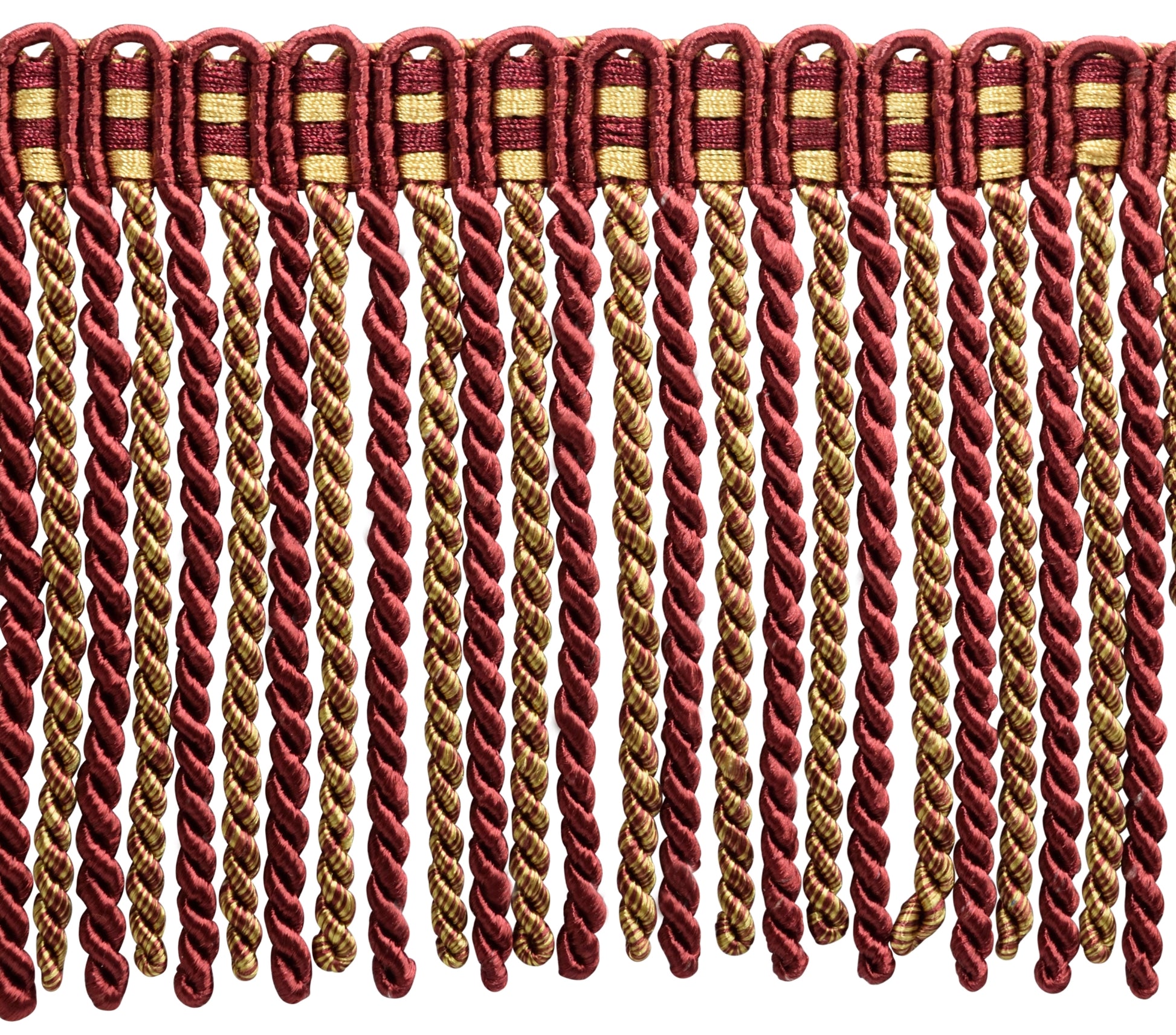 SWATCH of Style: DB6 Color: 1253 - 6" (15cm) Noblesse Collection Bullion Fringe Trim with Fancy Knitted Header, Burgundy Gold Red | To order search "DB6 1253" on www.TrimDepot.com - DecoPro