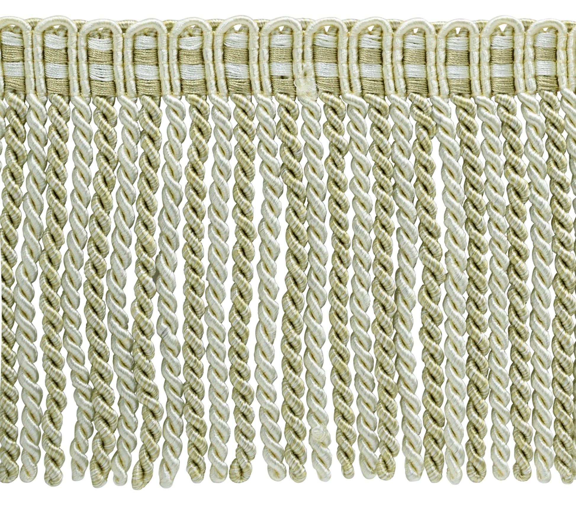 SWATCH of Style: DB6 Color: 4001 - 6" (15cm) Noblesse Collection Bullion Fringe Trim with Fancy Knitted Header, White Sands | To order search "DB6 4001" on www.TrimDepot.com - DecoPro