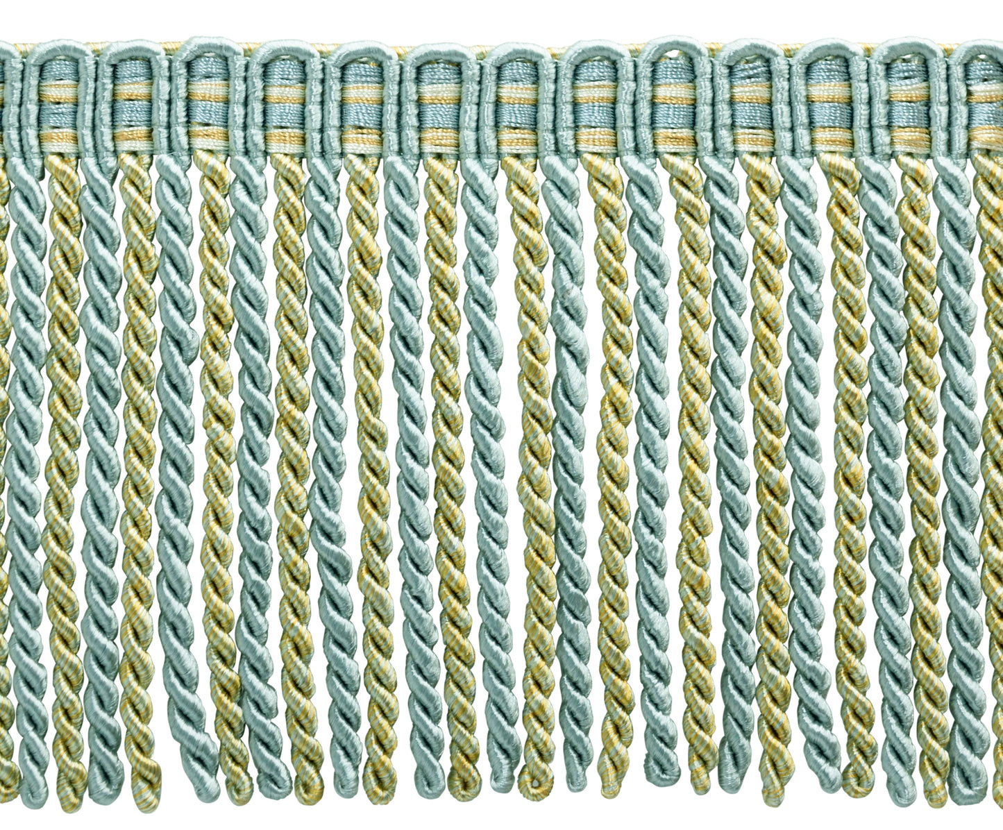 SWATCH of Style: DB6 Color: 5939 - 6" (15cm) Noblesse Collection Bullion Fringe Trim with Fancy Knitted Header, Island Breeze Blue | To order search "DB6 5939" on www.TrimDepot.com - DecoPro