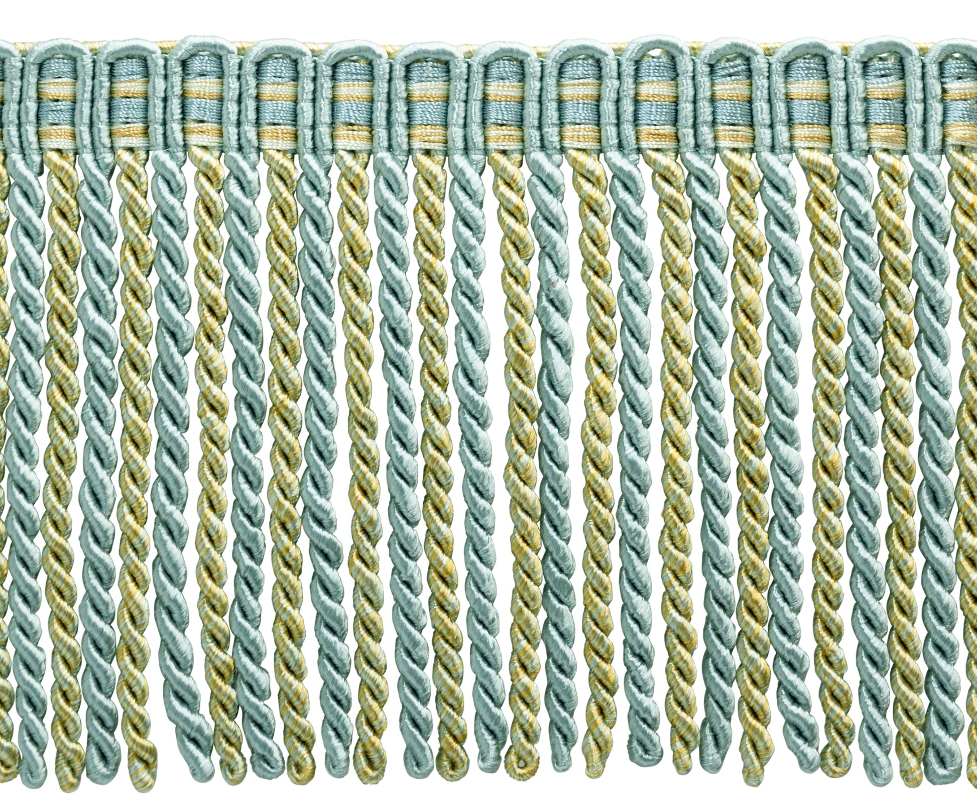 SWATCH of Style: DB6 Color: 5939 - 6" (15cm) Noblesse Collection Bullion Fringe Trim with Fancy Knitted Header, Island Breeze Blue | To order search "DB6 5939" on www.TrimDepot.com - DecoPro
