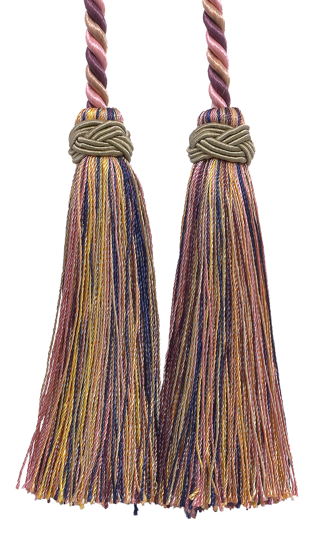 DÉCOPRO Imperial Collection Double Tassel Curtain and Drapery Tieback / Holdback, 4" (10cm), 26" (66cm) # ICT, Sage Rose Pink #1010 (Light Pink, Sage Green, Light Beige) | Set of 2 - DecoPro
