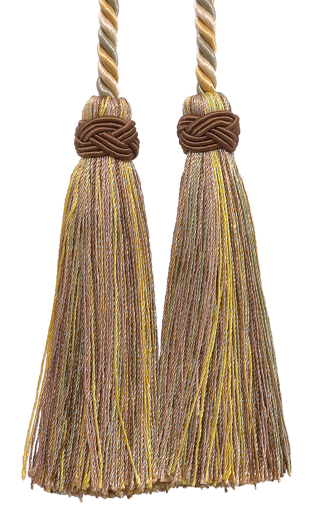 DÉCOPRO Imperial Collection Double Tassel Curtain and Drapery Tieback / Holdback, 4" (10cm), 26" (66cm) # ICT, Cashew Beige #2935 (Light Beige, Mint Green, Yellow Gold) | Set of 2 - DecoPro
