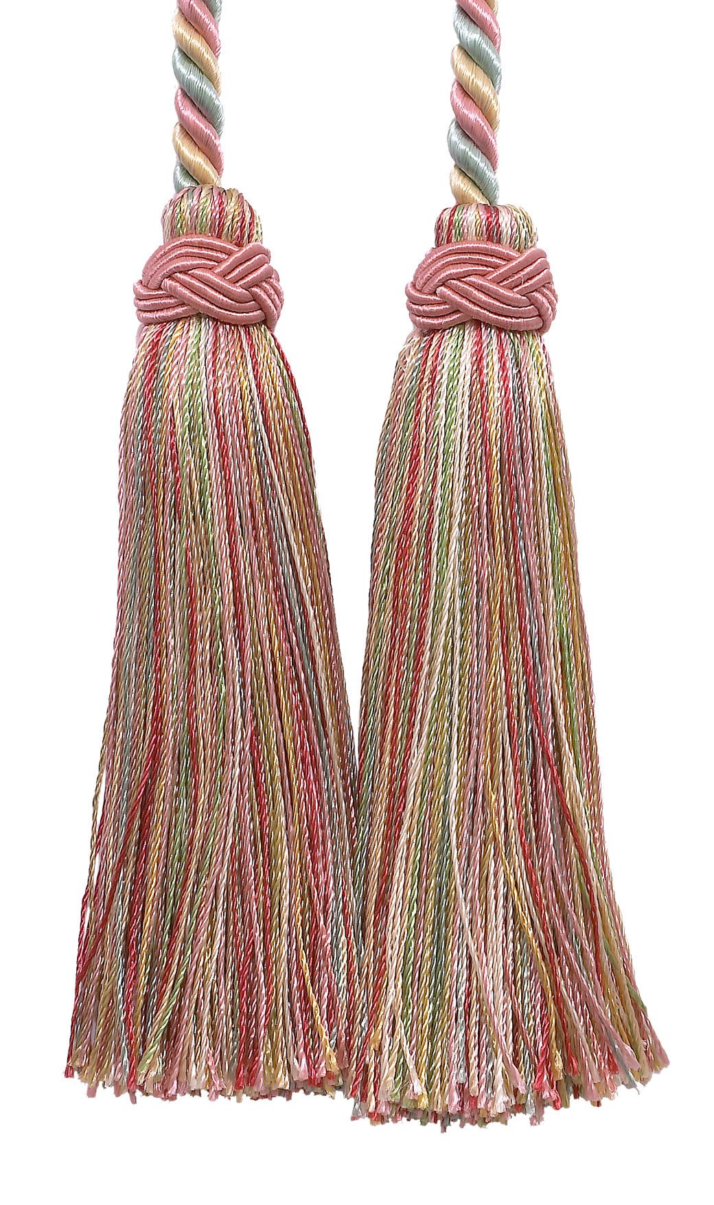 DÉCOPRO Imperial Collection Double Tassel Curtain and Drapery Tieback / Holdback, 4" (10cm), 26" (66cm) # ICT, Summer Rose Pink #3549 (Light Pink, White Ivory, Green Blue) | Set of 4 - DecoPro