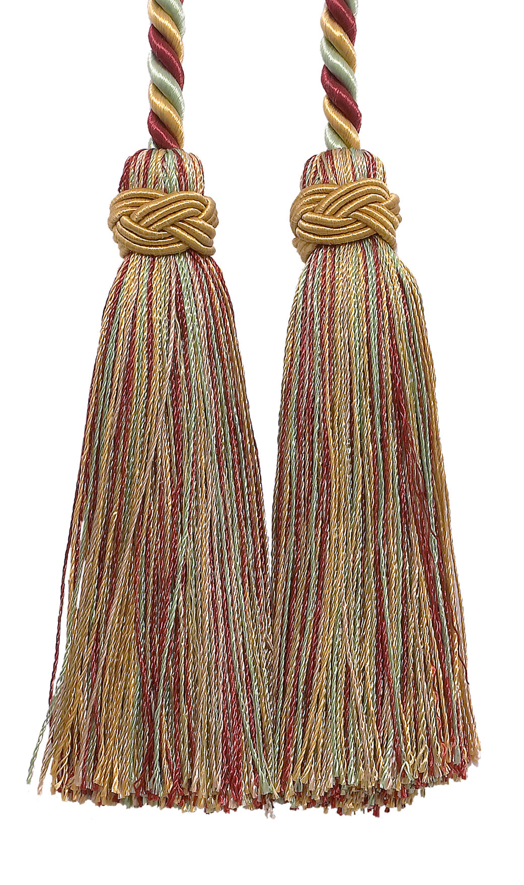 DÉCOPRO Imperial Collection Double Tassel Curtain and Drapery Tieback / Holdback, 4" (10cm), 26" (66cm) # ICT, Holiday Red #3752 (Crimson Red, Light Gold, Mint Green) | Set of 2 - DecoPro