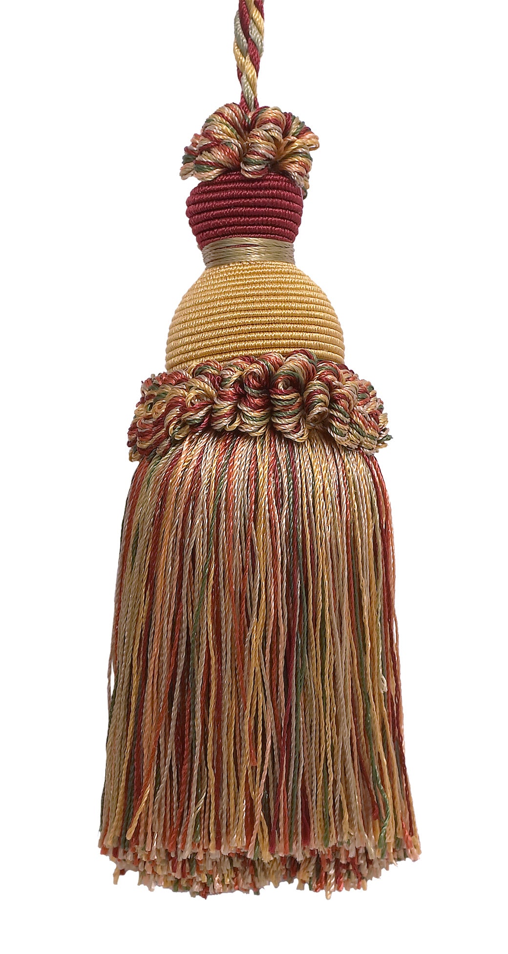 DÉCOPRO Beautiful Hand-crafted 5" (12.5cm) Key Tassel, 3 1/2" (8.5cm) Loop, # IKTJ, Cherry Grove Beige #4770 (Golden Beige, Rust Red, Olive Green) Set of 2 - DecoPro