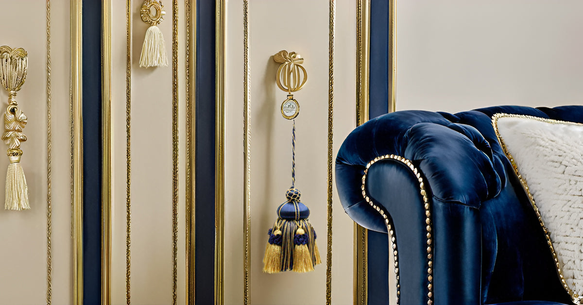 DÉCOPRO Elegant Hand-crafted 4" accented with Crown Tassels # KTAX4, Nautical Gold #1152 (Light Gold, Yellow Gold, Navy Blue) | Sold Individually - DecoPro
