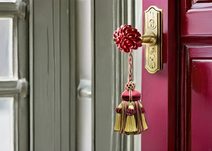 DÉCOPRO Elegant Hand-crafted 4" accented with Crown Tassels # KTAX4, Burgundy Gold Red #1253 (Carmine Red, Yellow Gold, Dark Red) | Set of 2 - DecoPro