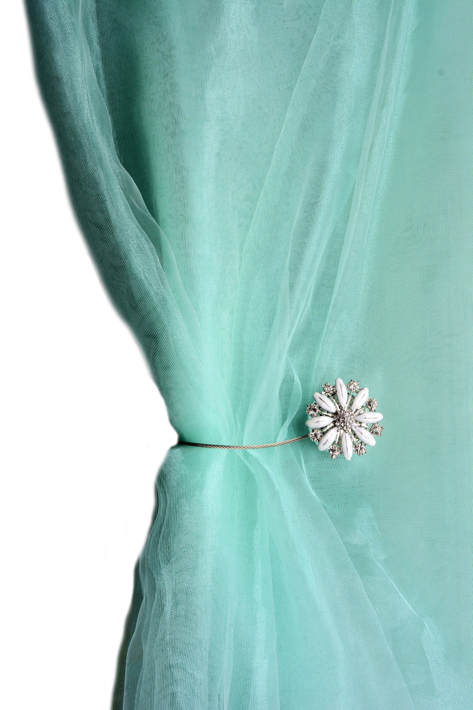 DÉCOPRO Magnetic Curtain and Drapery Tieback with Beautiful Rhinestone Daisy Design Tieback, Spread 8" (20cm), 1/16" (1.5mm) Thick # MT50330 Classic Silver #SILV (Grey Silver) | Set of 4 - DecoPro