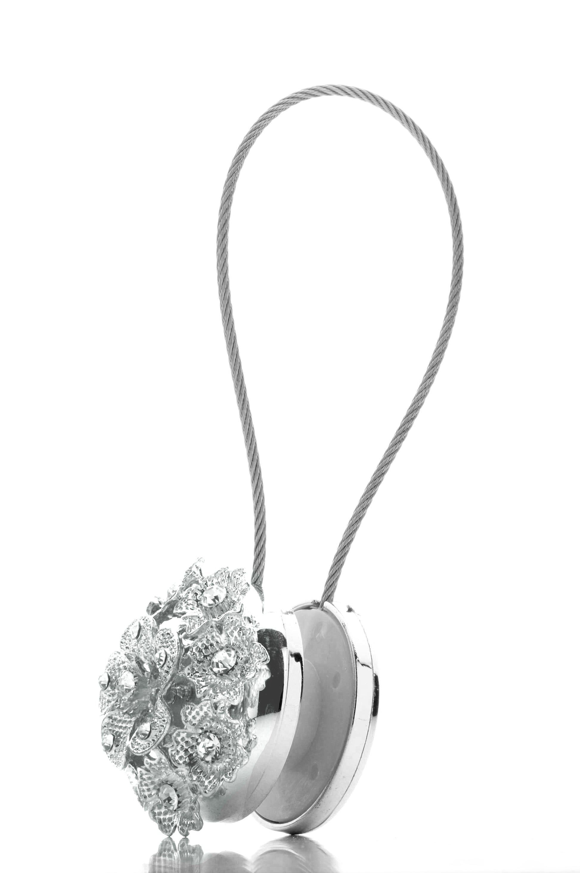 DÉCOPRO Magnetic Curtain and Drapery Tieback with Beautiful Rhinestone Blossom Design Tieback, Spread 8" (20cm), 1/16" (1.5mm) Thick # MT50352 Classic Silver #SILV (Grey Silver) | Set of 2 - DecoPro