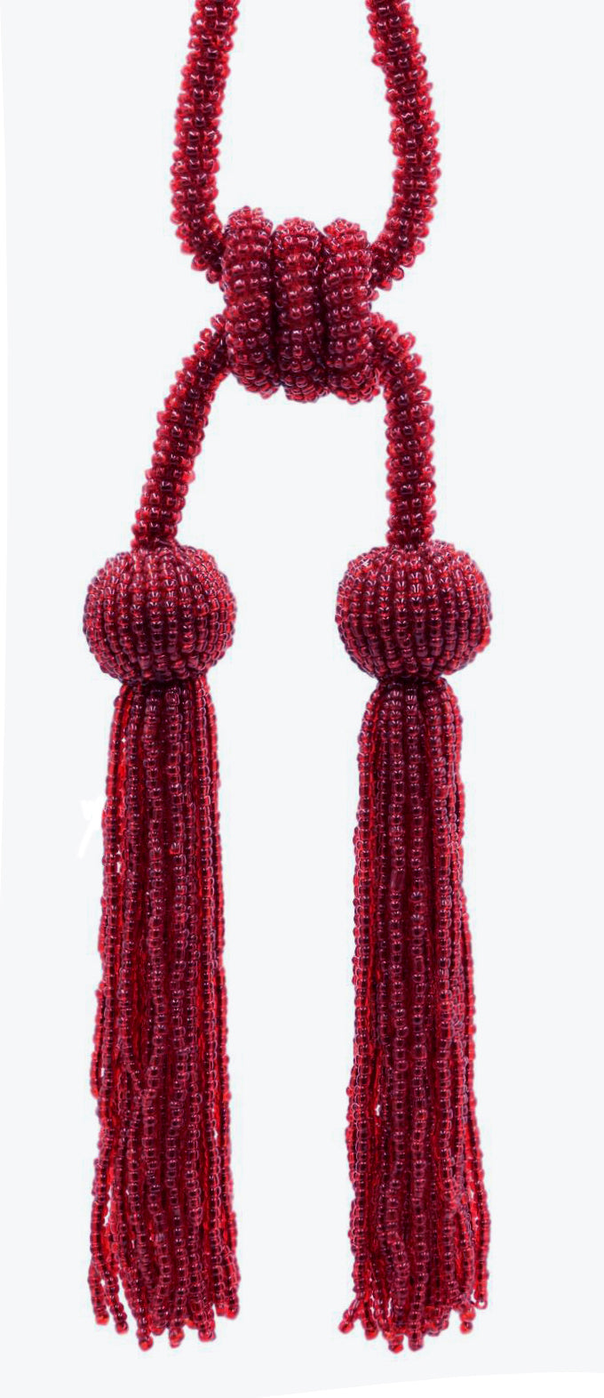 DÉCOPRO Opulent Beaded Curtain Double Tassel Tieback, Handcrafted with Elaborately Hand-strung Glass Seed Beads, Tassel Length 4 1/2" (11cm), Spread 26" (66cm) # TBBD4502 Cherry Red #E13 (Dark Crimson Red) | Set of 4 - DecoPro