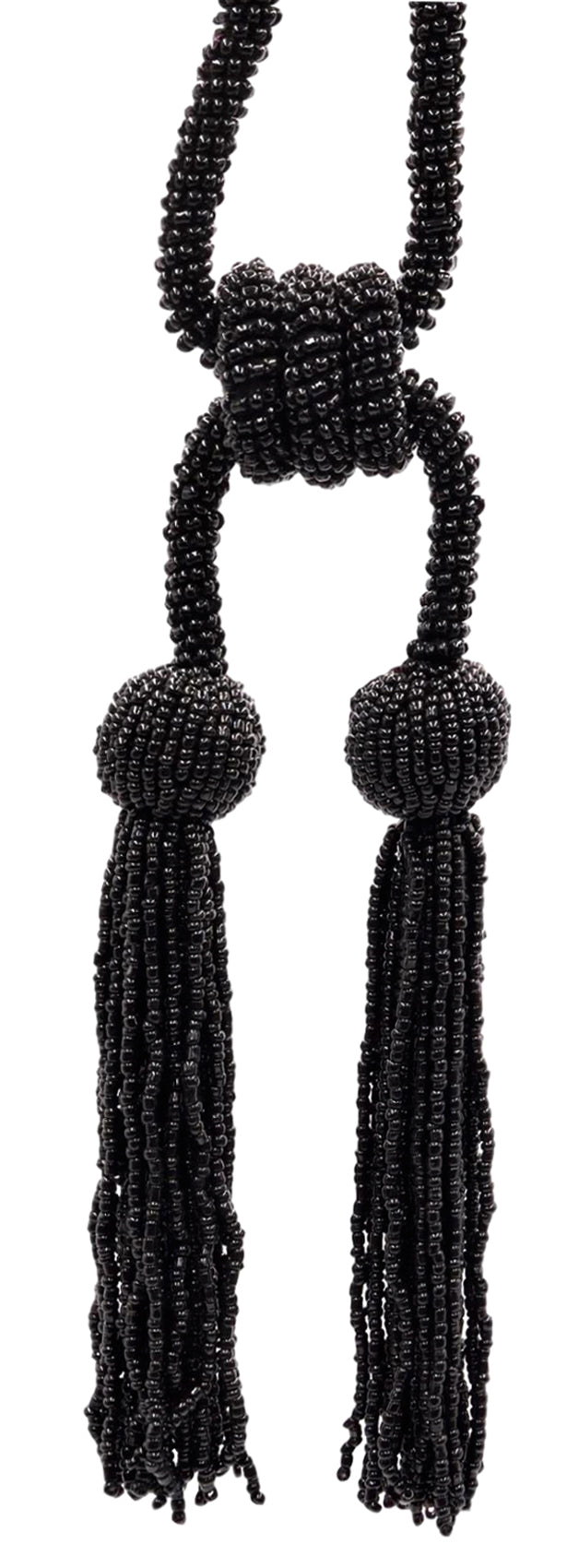 DÉCOPRO Opulent Beaded Curtain Double Tassel Tieback, Handcrafted with Elaborately Hand-strung Glass Seed Beads, Tassel Length 4 1/2" (11cm), Spread 26" (66cm) # TBBD4502 Pure Black #K9 (Jet Black) | Set of 4 - DecoPro