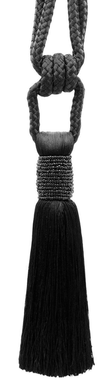 DÉCOPRO Classic Beaded Curtain Tassel Tieback, Handcrafted with Diamond Braided Cord and Seed Bead Vintage Design, Tassel Length 7" (17.5cm), Spread 34" (86cm) # TBBE7 Pure Black #K9 (Jet Black) | Set of 2 - DecoPro
