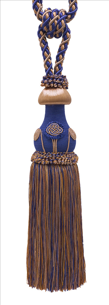 DÉCOPRO Exquisite Curtain Tassel Tieback with Floral Design - Elegant Handmade Drapery Accessory, Tassel Length 12" (30.5cm), Spread 32" (81cm) # TBBL1 Navy Beige Blue #5817 (Navy Blue, Royal Blue, Golden Beige) | Set of 2 - DecoPro
