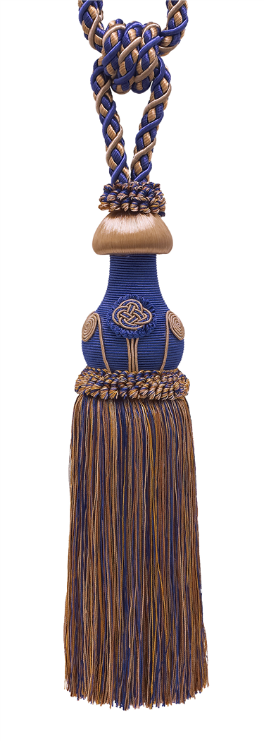 DÉCOPRO Exquisite Curtain Tassel Tieback with Floral Design - Elegant Handmade Drapery Accessory, Tassel Length 12" (30.5cm), Spread 32" (81cm) # TBBL1 Navy Beige Blue #5817 (Navy Blue, Royal Blue, Golden Beige) | Set of 4 - DecoPro
