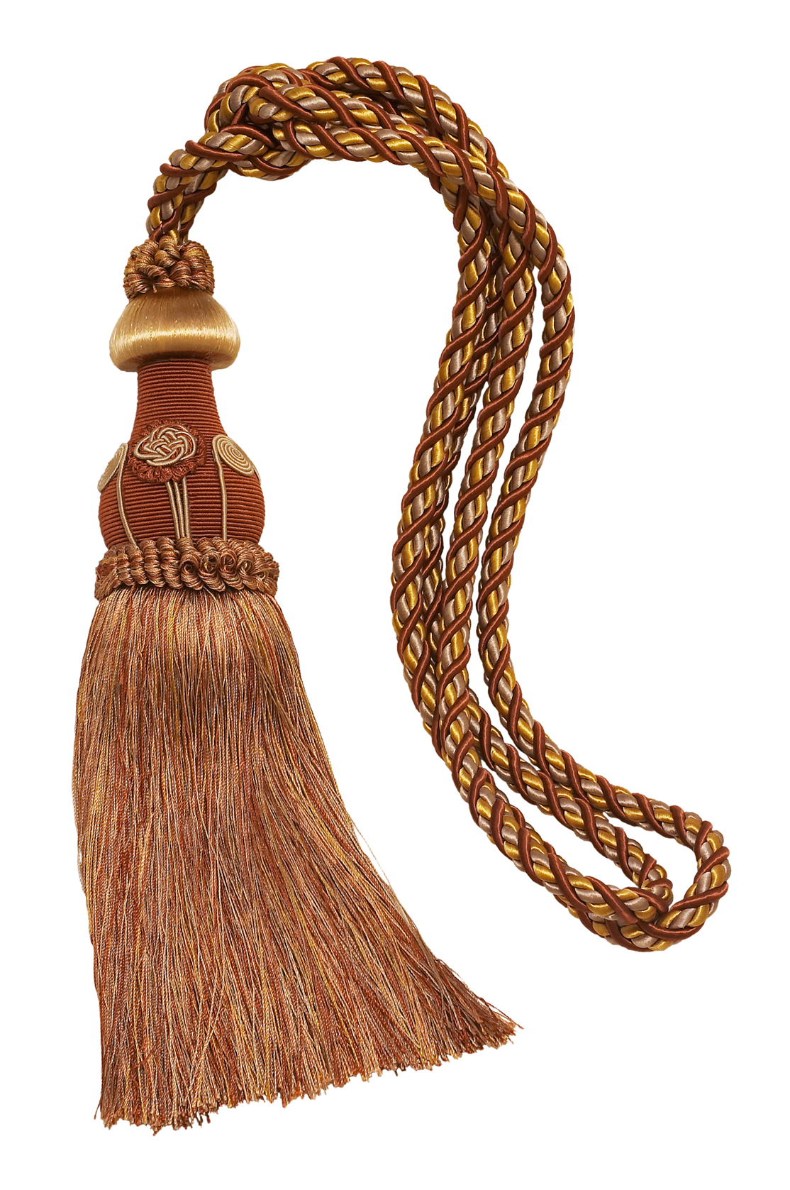 DÉCOPRO Exquisite Curtain Tassel Tieback with Floral Design - Elegant Handmade Drapery Accessory, Tassel Length 12" (30.5cm), Spread 32" (81cm) # TBBL1 Cinnamon Toast Orange #6122 (Rust, Gold) | Set of 2 - DecoPro