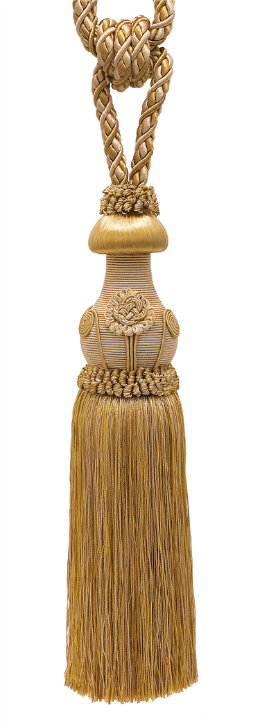 DÉCOPRO Exquisite Curtain Tassel Tieback with Floral Design - Elegant Handmade Drapery Accessory, Tassel Length 12" (30.5cm), Spread 32" (81cm) # TBBL1 Gold Medley #8633 (Two-Tone Gold, Beige) | Set of 4 - DecoPro